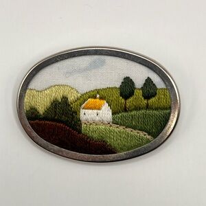 Vintage Handmade in Ireland Embroidered Brooch Depecting Irish House on Hills